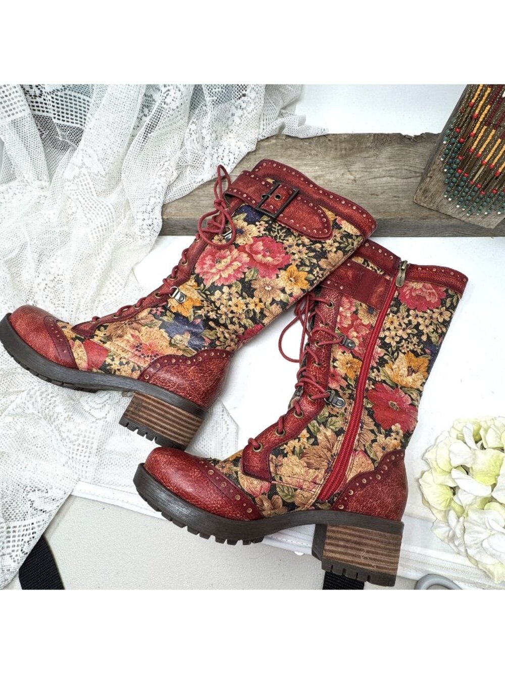 L'Artiste by Spring Step Leather Boot Lace Up & Zipper Floral 6 (36)